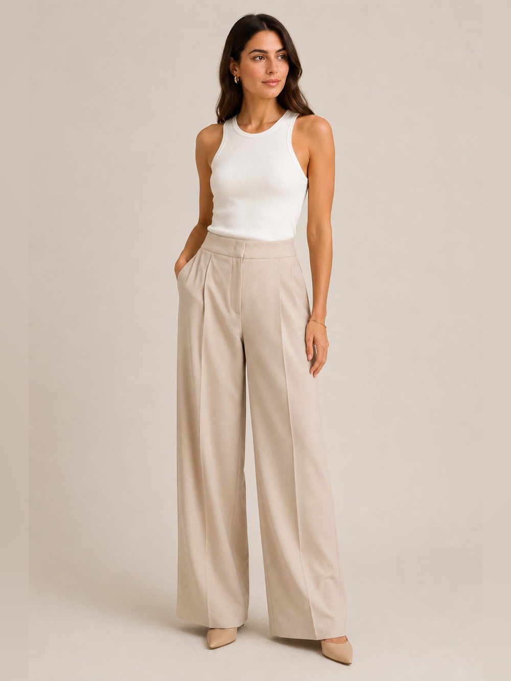 VIA MASINI 80 Firenze Wide Leg Trousers Beige Wool Pants Size 42 NWT Luxury